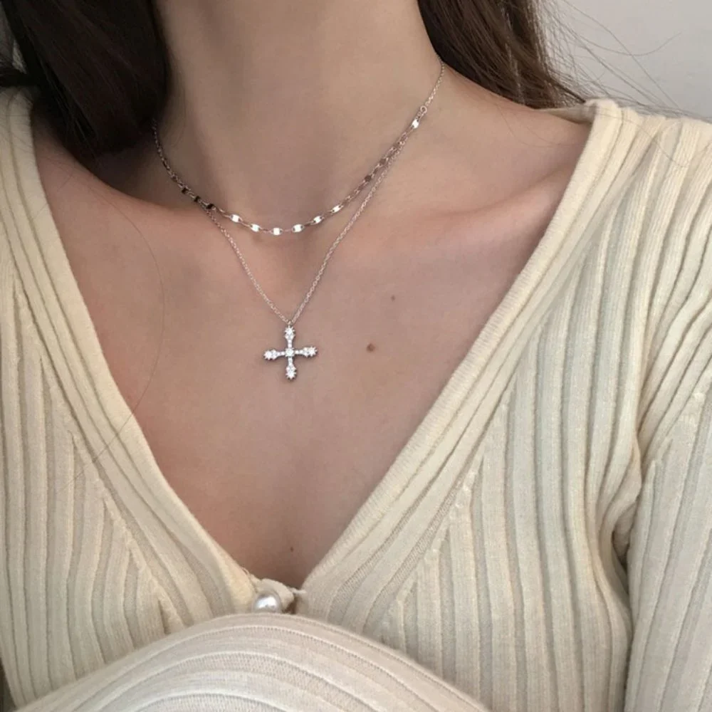 #NEW 925 Sterling Silver Diamond Cross Double Layer Necklace